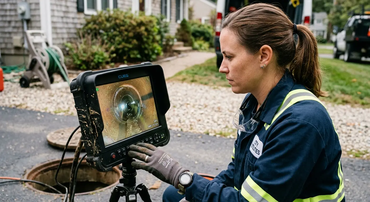 Technician reviewing sewer camera inspection footage in Shawnee