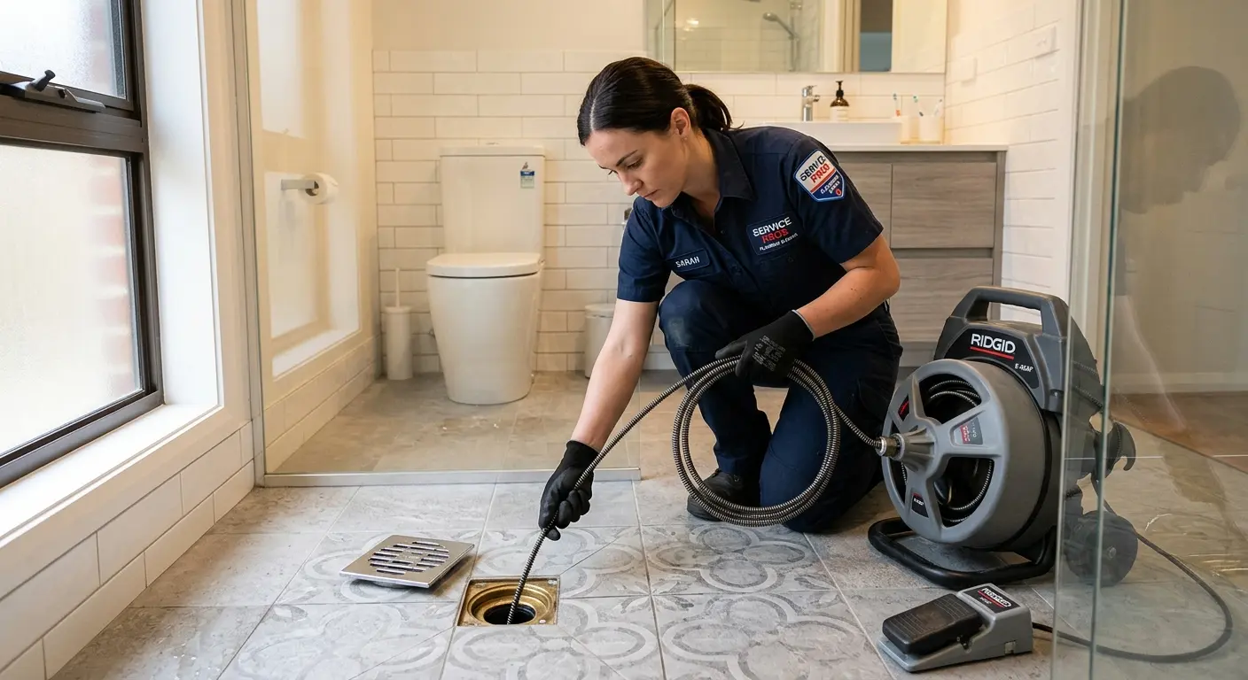 Technician clearing a bathroom floor drain for Sewer Line Installation in Shawnee